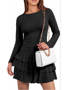 NEW Wenrine Long Sleeve Mini Dress Casual Boat Neck Ruffle Hem M